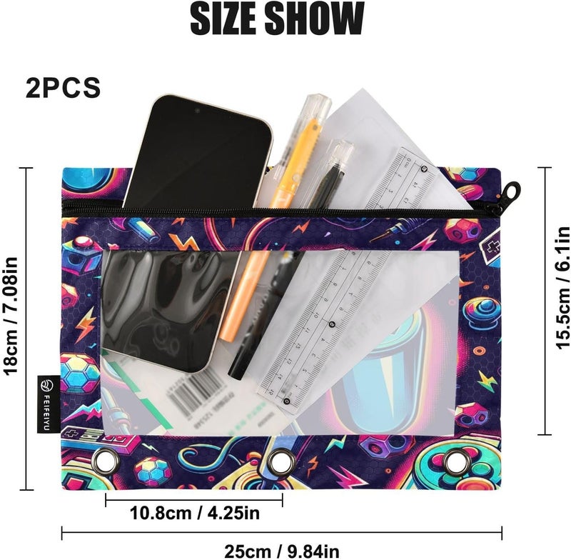 BOENLE Bright Game Joystick Pencil Pouch for 3 Ring Binder, 2 Pack Waterproof Pencil Bags Clear Window Zipper School Office Supplies - Image 3